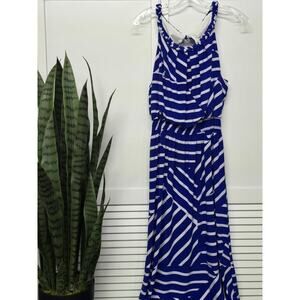 Chico’s Striped Halter Maxi Dress Stretchy Beachy Blue White Size 2 Large